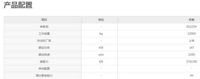 徐工XS225H壓路機(jī)參數(shù)配置